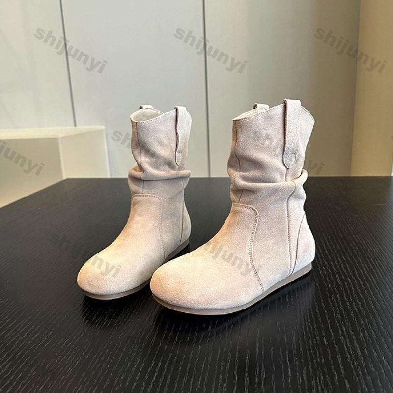 Fashion Women's Fashion Thick Heels Ankle Boots Soft Sole Pleated Ankle Boots Western Boots Woman Autumn Slip On Pile Short Botas Mujer