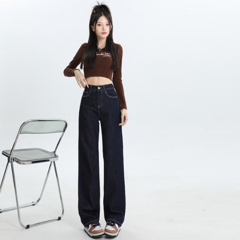 Black high-waisted straight jeans women's autumn and winter velvet thick new narrow version loose and thin wide-leg pants