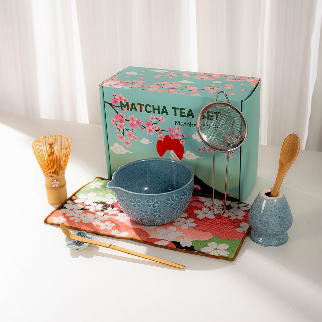 Japanese Matcha Tea Set With Cherry Blossom Pattern, Bamboo Whisk, Ceramic Matcha Bowl, Matcha Making Kit, Tea Utensils Set Gift