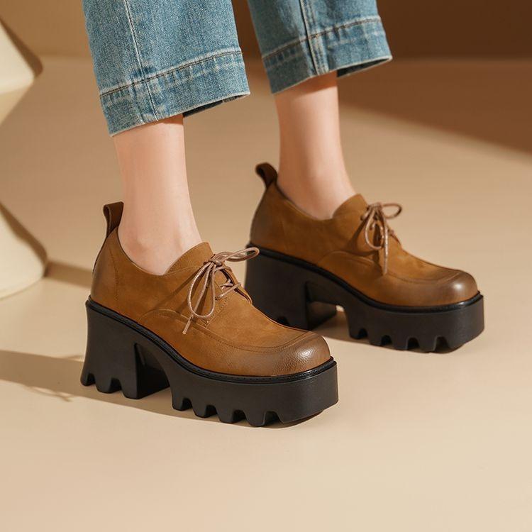 Retro platform single shoes women's leather 2025 new lace-up thick heel muffin shoes spring British style square head high heels