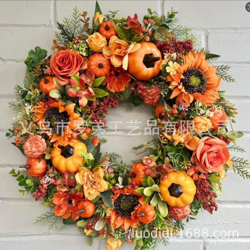 Harvest Wreath With Pumpkins Berries Vine Circle Halloween Thanksgiving Door Decor