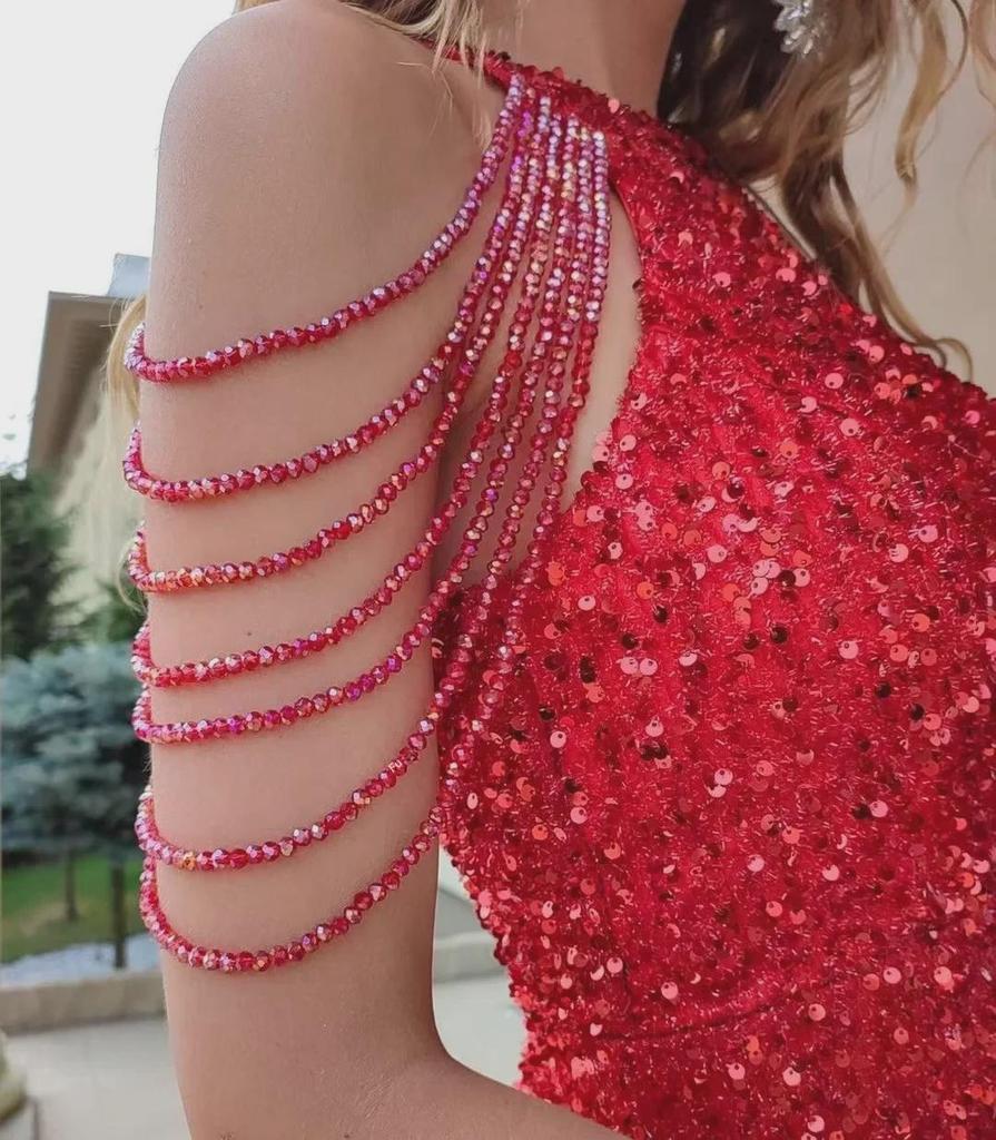 2025 Spring Sexy Halterneck Off-Shoulder Tassel Sequin Dress - European & American Fashion