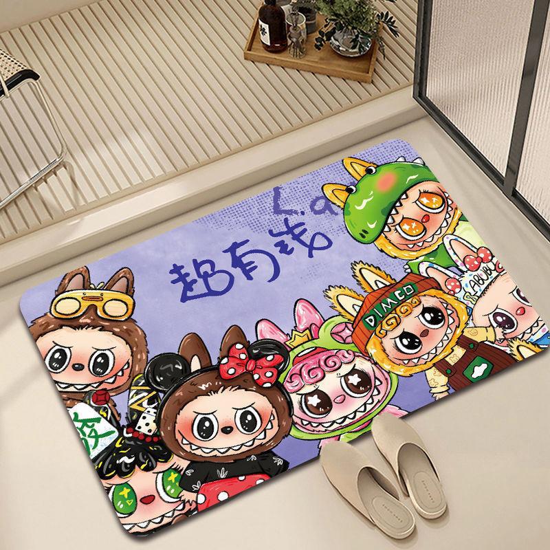 Alfombra de baño con estampado de Labubu de dibujos animados, felpudo antideslizante, alfombrilla de secado de cocina para dormitorio, alfombrilla de drenaje, alfombra de entrada, alfombra de dibujos animados para el hogar