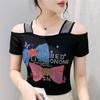 Summer Women Bow Letter Shiny Hot Diamonds T-Shirt Sexy Off Shoulder Slim Top New Chic Short Sleeve Tees Shirts