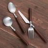 Stainless Steel Knives, Forks and Spoons, Tableware, Imitation Wood Grain Household Western Tableware, Steak Knives and Forks, Desserts, Mixing Spoons