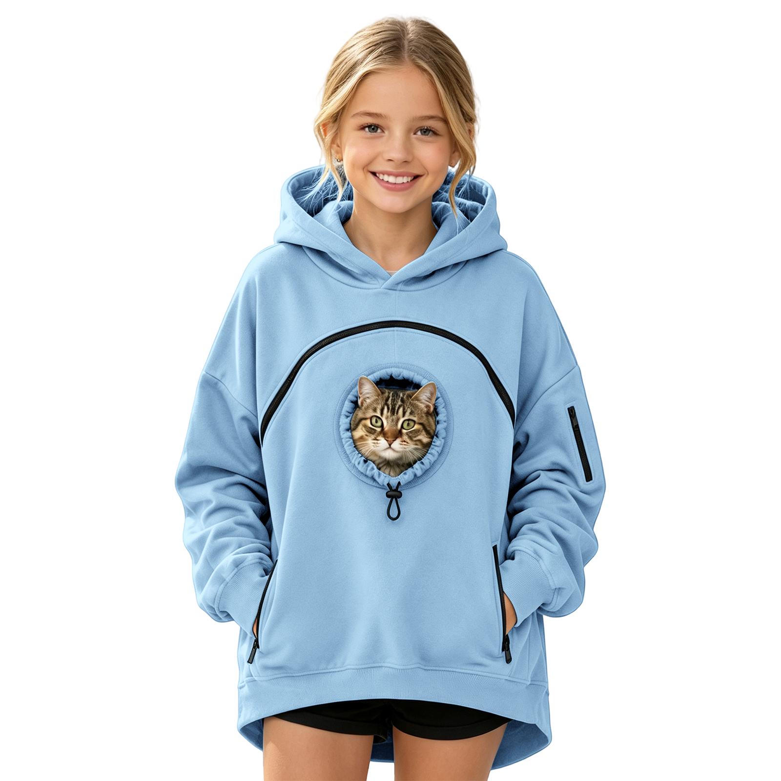 Kinder Kapuzenpullover mit Haustier-Tasche für Jungen und Mädchen, Lässige Alltagskleidung und zum Spielen 110 himmelblaue