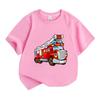 Kids Boys Girls Crew Neck Short Sleeve T-Shirt, 100% Cotton Casual Cute Cartoon Fire Truck Printed Soft Breathable Tee Top for Children Daily Wear