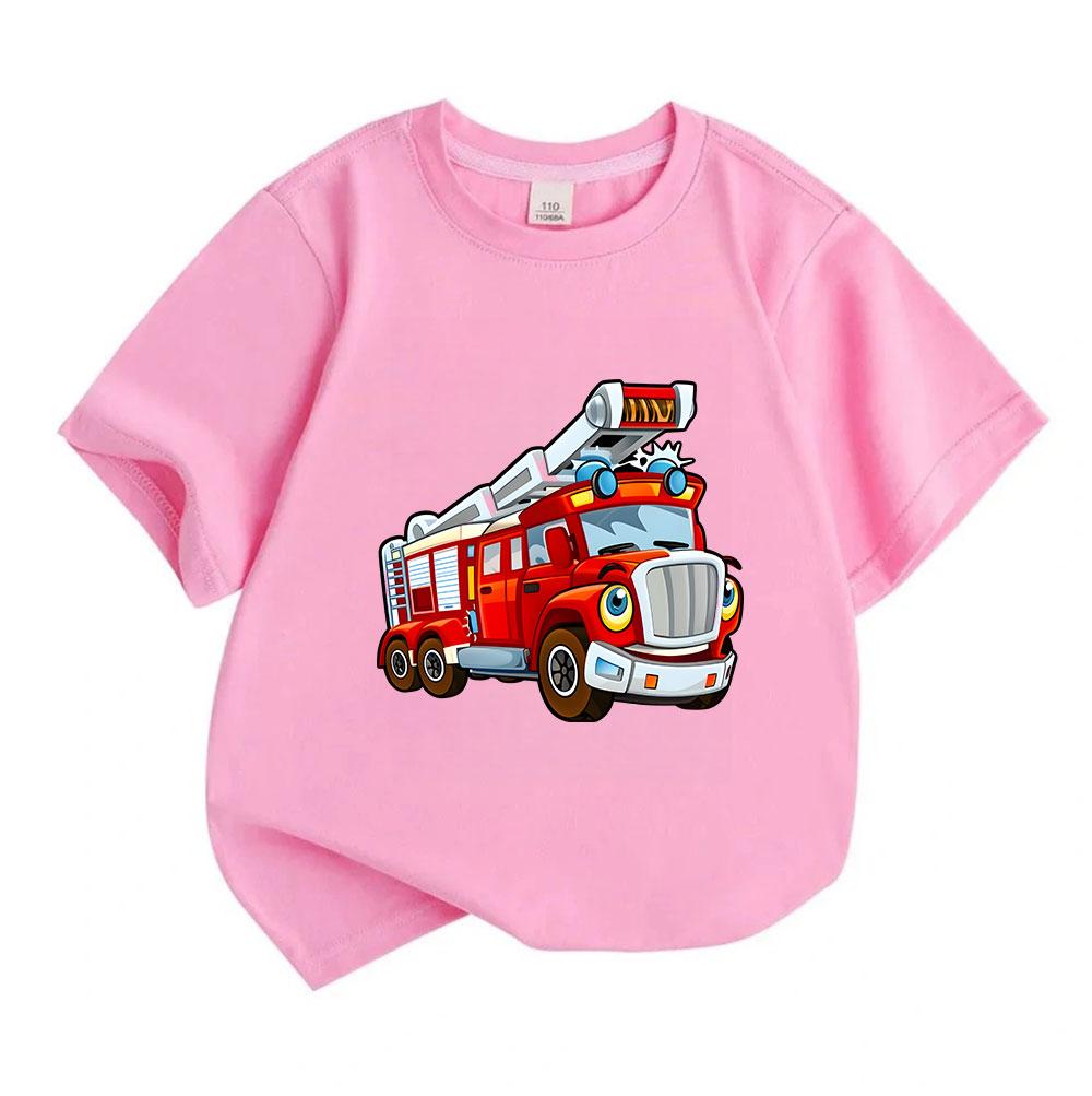 Kids Boys Girls Crew Neck Short Sleeve T-Shirt, 100% Cotton Casual Cute Cartoon Fire Truck Printed Soft Breathable Tee Top for Children Daily Wear