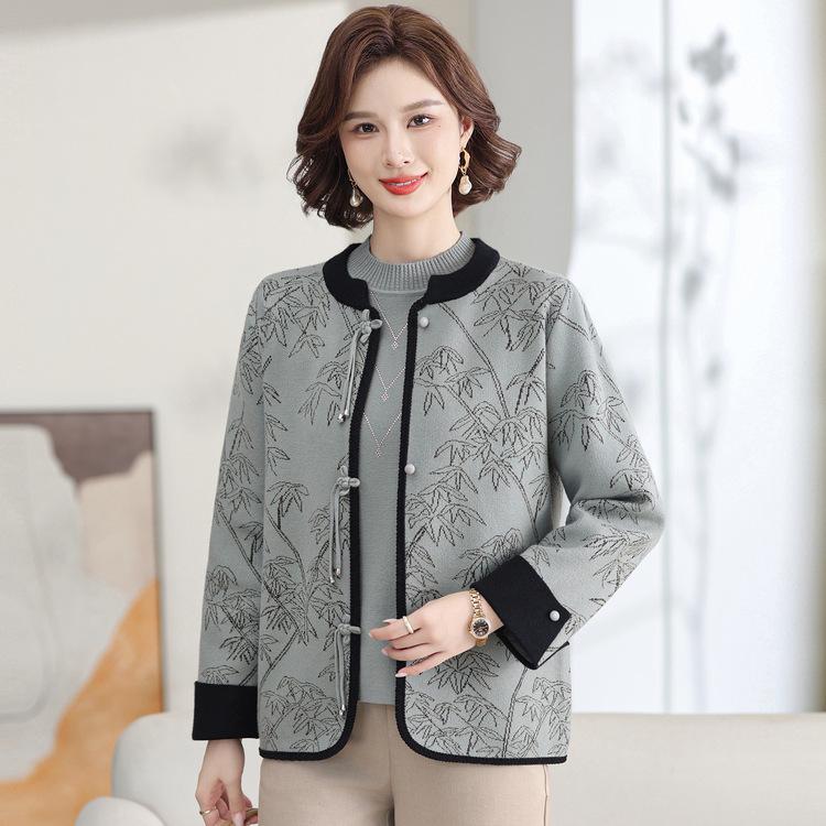 Mom Autumn Sweater Chinese Style Two-piece Set Middle-aged Women's Cardigan Jacket Middle-aged and Elderly Women's Spring and Autumn Sweater Set
