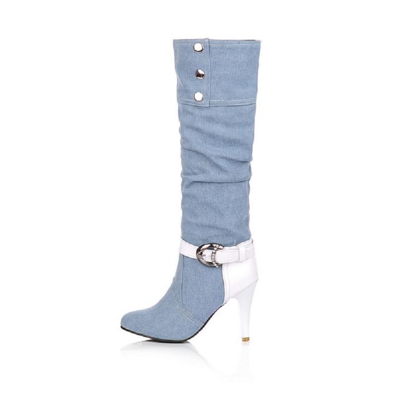 Fashion XJRHXJR Plus Size 34-43 Pointed Toe Women Spring Autumn Winter High Heels Denim Knee High Boots Lady New Fashion Jean Long Boots