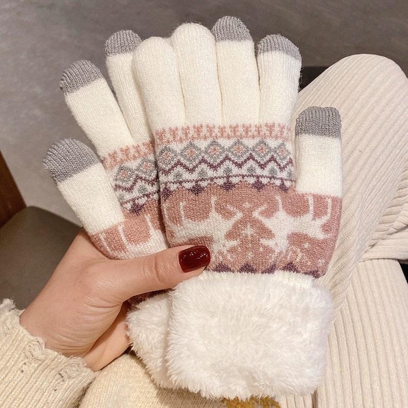 2025 Christmas Thick Reindeer Jacquard Knitted Full Finger Gloves for Women Touchscreen Washable Warm Gloves Soft Skin Friendly
