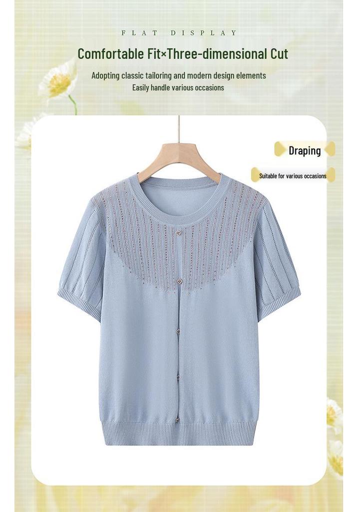 Stylish 2026 Ice Silk Summer T-shirt for Mothers - Short-Sleeved Knitted Top for Middle-Aged & Elderly Women.