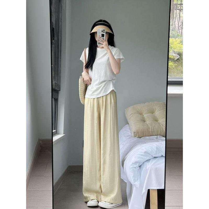 Spring Autumn Loose Casual Solid Elastic Waist Straight Pants Women Draped Flods All-match Wide Leg Trousers