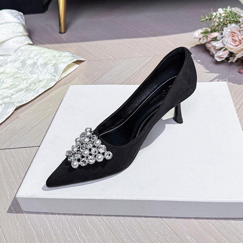 Pointed Pearl Rhinestone High Heels Women's Stiletto 7cm with Skirt Sexy 2025 New French Shallow Mouth Single Shoes