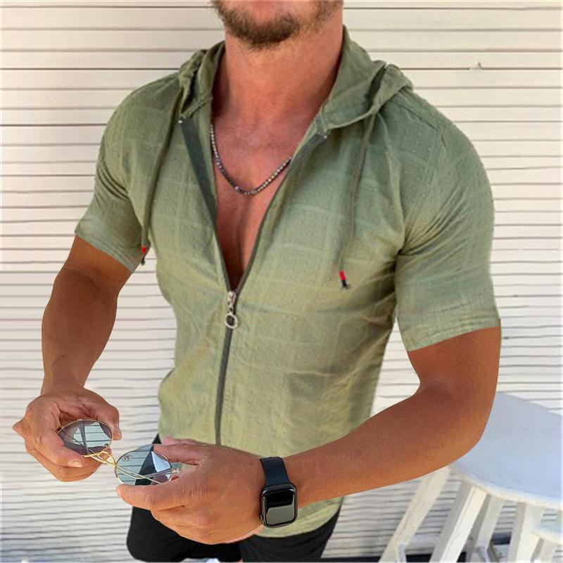 Camicia Estiva da Uomo con Cappuccio a Maniche Corte, Camicia Casual Monocolore con Zip, Top Leggero alla Moda