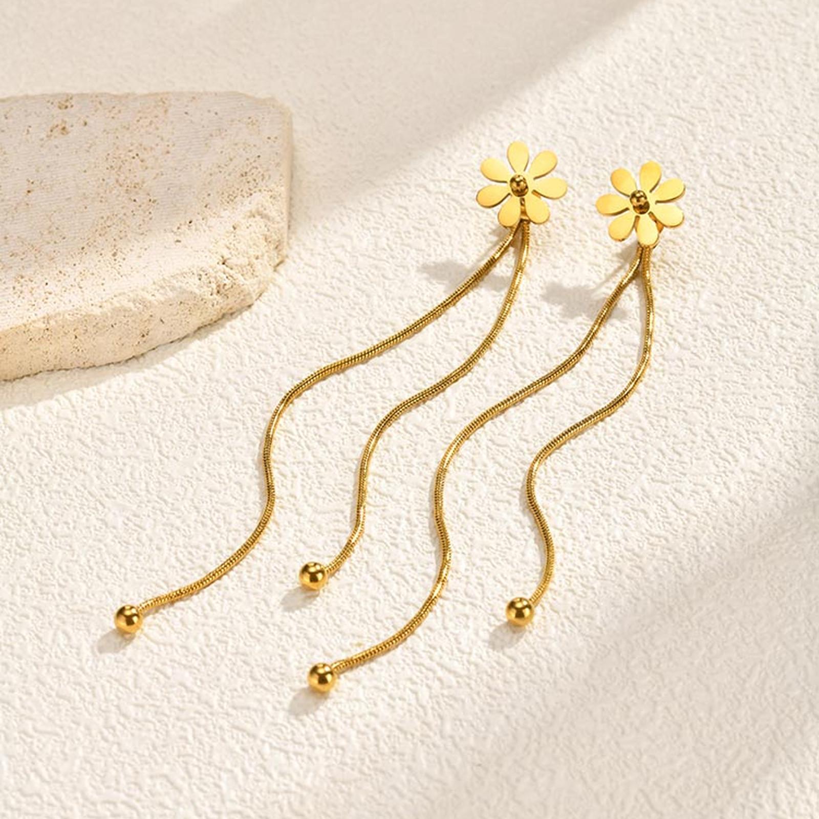 

Classic Gold Plated Flower Earrings for Women Long Tassel Chain Stainless Steel Drop Earrings Fashion Popular Jewelry Gifts золотой