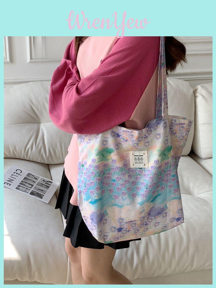 Pink Floral Canvas Tote Bag With Soft Cotton Material And Trendy Street Fashion