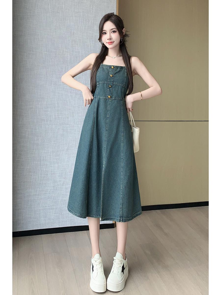 

2024 Spring/Summer Korean Loose Denim Overall Skirt - Women s Slimming Waist Dress 2X Large синий