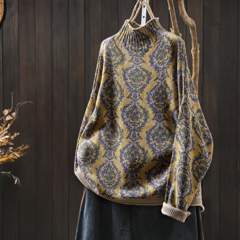 Vintage Ethno-Print Damen Halbhoher Kragen Übergröße Locker Gestrickter Pullover für Herbst/Winter