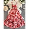 Sexy Cutout V-neck Strap Dress Women's Summer Vacation Wear Tight Waist Slimming Flounce Floral Chiffon Skirt