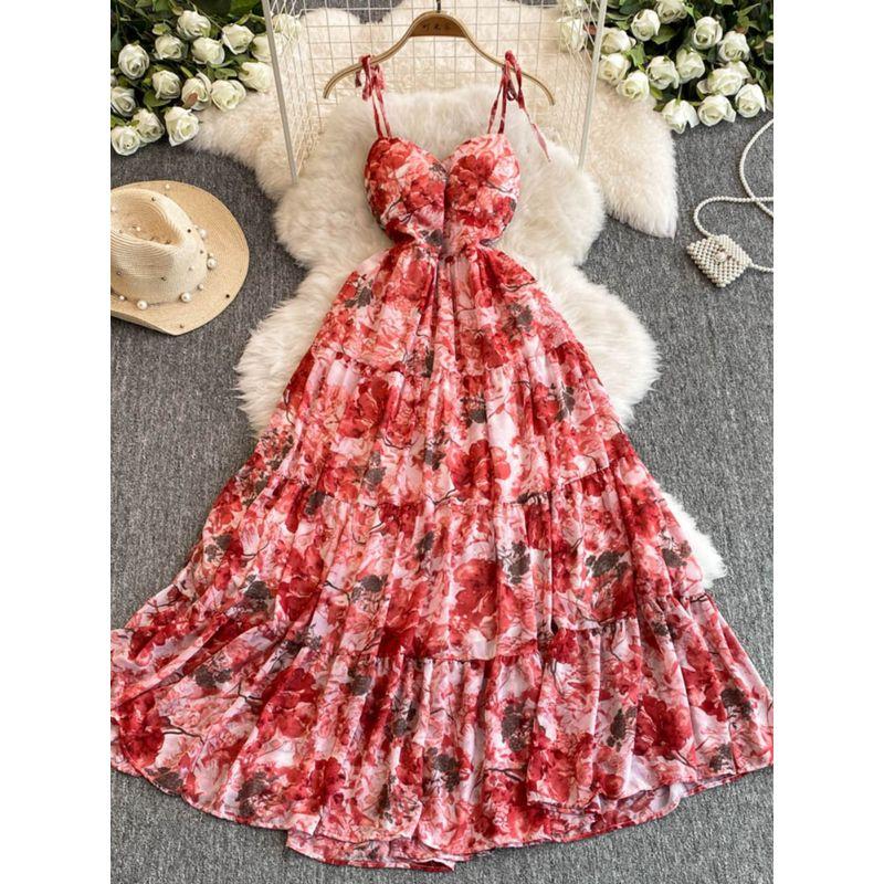Sexy Cutout V-neck Strap Dress Women's Summer Vacation Wear Tight Waist Slimming Flounce Floral Chiffon Skirt