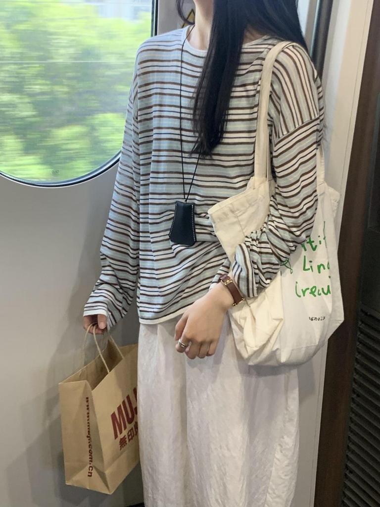 Women's Lazy Style Striped Knit Long-Sleeve T-Shirt - Unique, Pretty Summer/Fall Top with Sun Protection