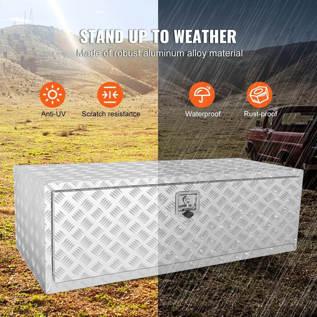 Underbody Truck Box, 48"×24"×24" Pickup Storage Box, Heavy Duty Aluminum Diamond Plate Tool Box with Lock and Keys, Waterproof Trailer Storage Box
