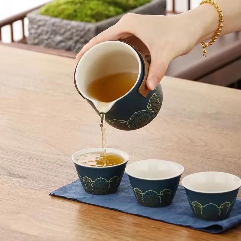 Portable Travel Tea Set Small Set Outdoor Ceramic One Pot Three Cups Portable Cover Bowl with Tea Infuser Tumbler