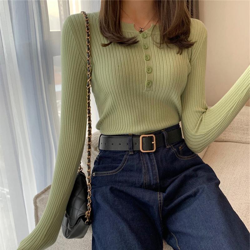 

Осенняя мода с длинным рукавом повседневный вязаный свитер для женщин облегающий простой базовый женский пуловер свитера зимние однотонные женские трикотажные изделия с круглым вырезом 24971 One Size зелёный