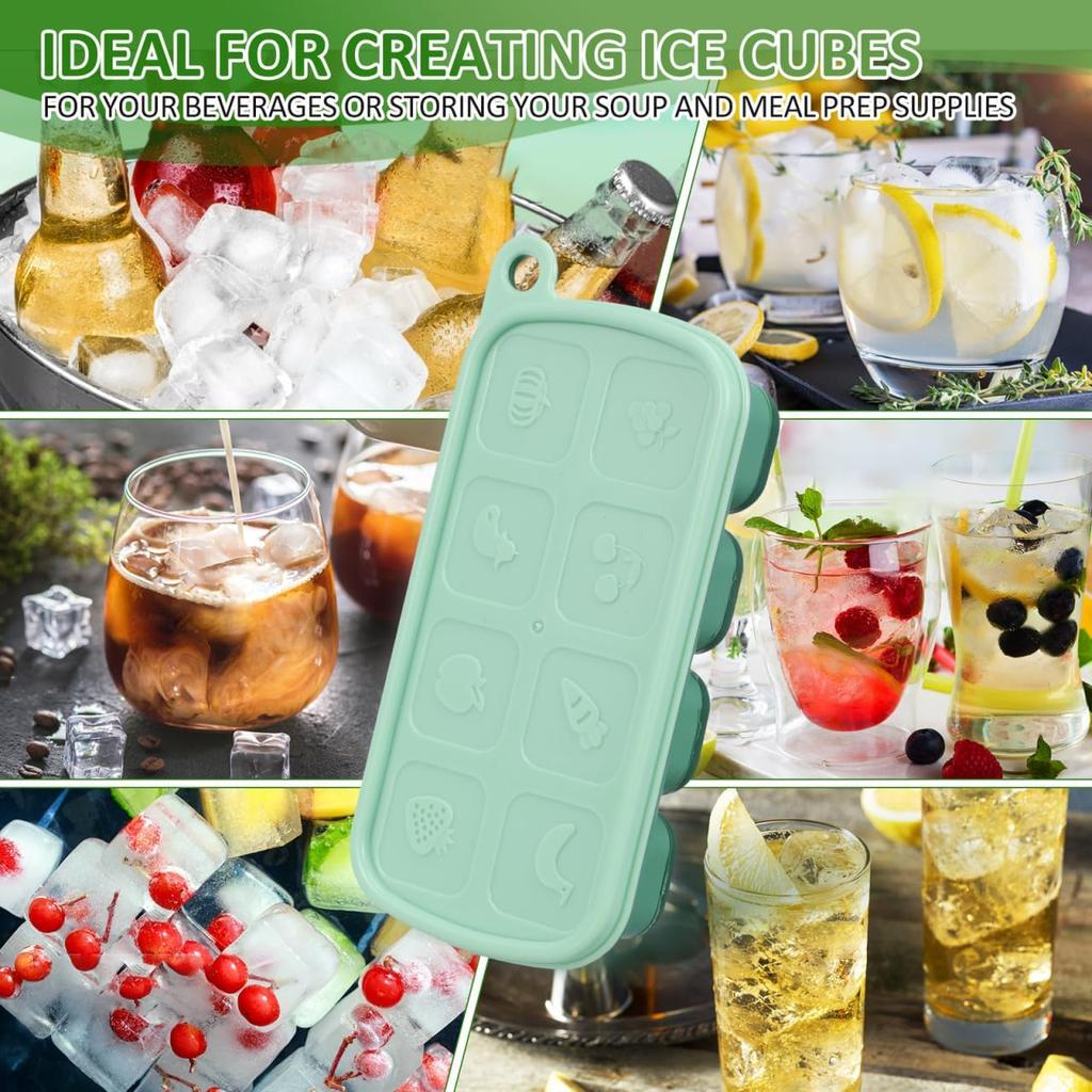 PRETYZOOM Silicone Ice Cube Tray with Lid, Easy Release Freezer Tray for Ice and Food Storage, 8-Cube Green Mold for Freezing Drinks, Juices, and