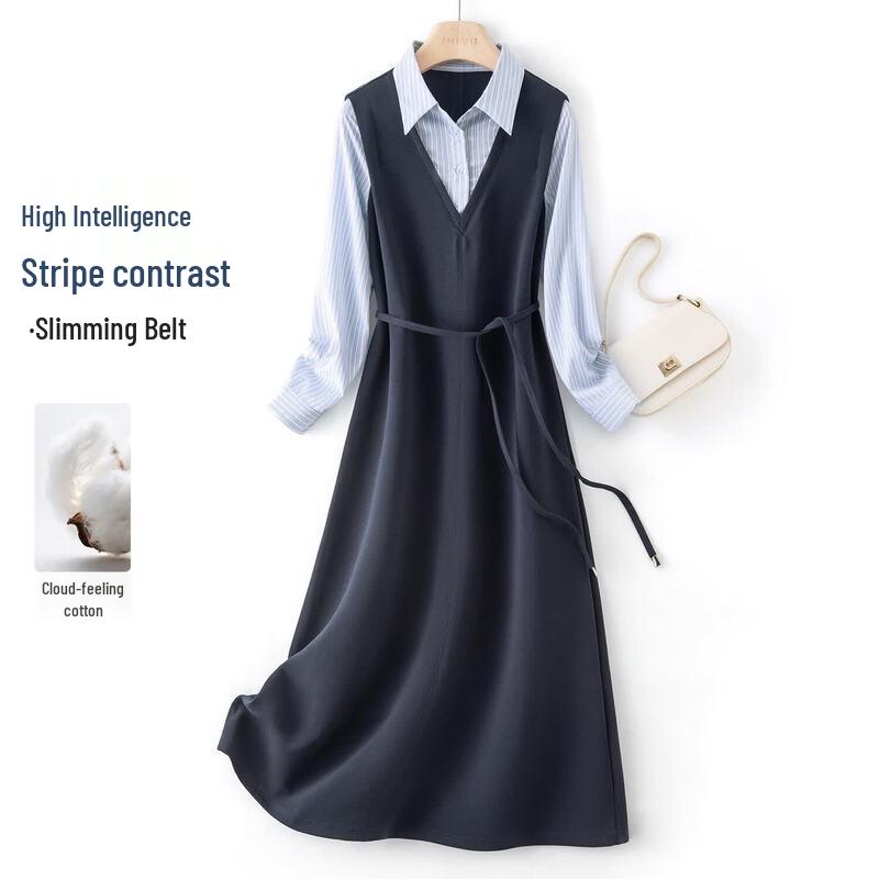 IHIMI Women s Spliced Stripe Faux Two-Piece Long Shirt Dress L