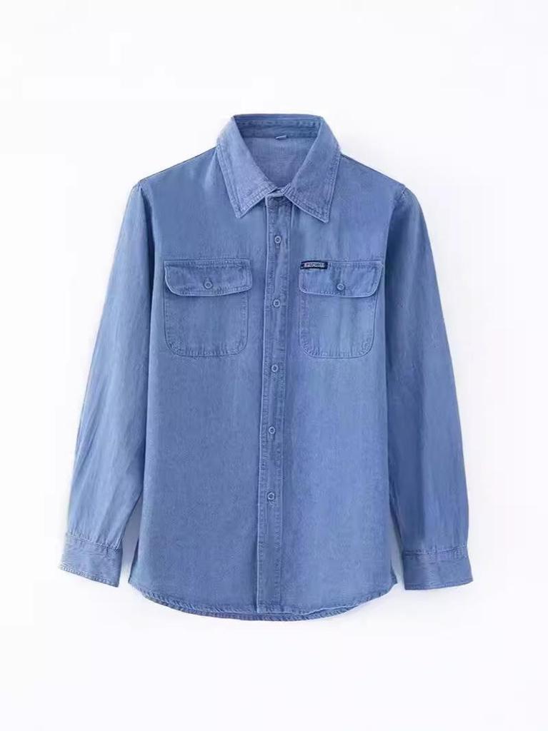 Men's Minimalist Long Sleeve Denim Shirt - Lightweight Cotton Sun Protection, Loose Fit, Plus Size, for Spring, Summer, and Autumn.