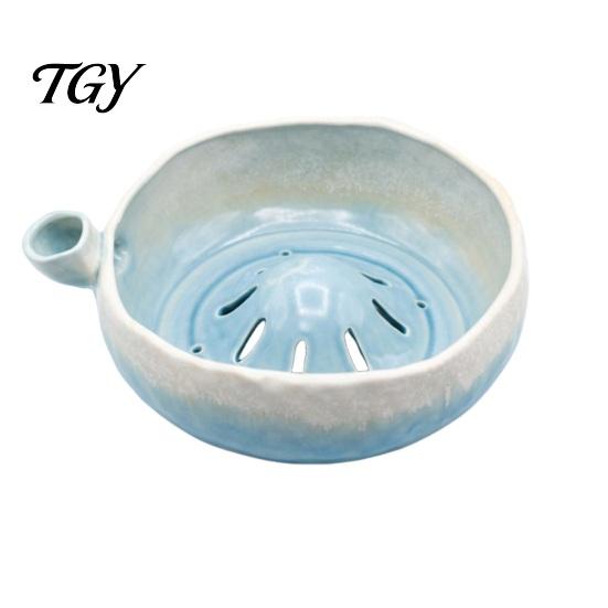 Drainage Bowl for Fresh Fruit Ceramic Berry Washing with Hole, Easy Clean Kitchen Strainer Glazed Basket Bowl, Compact Self Rinsing Serve And