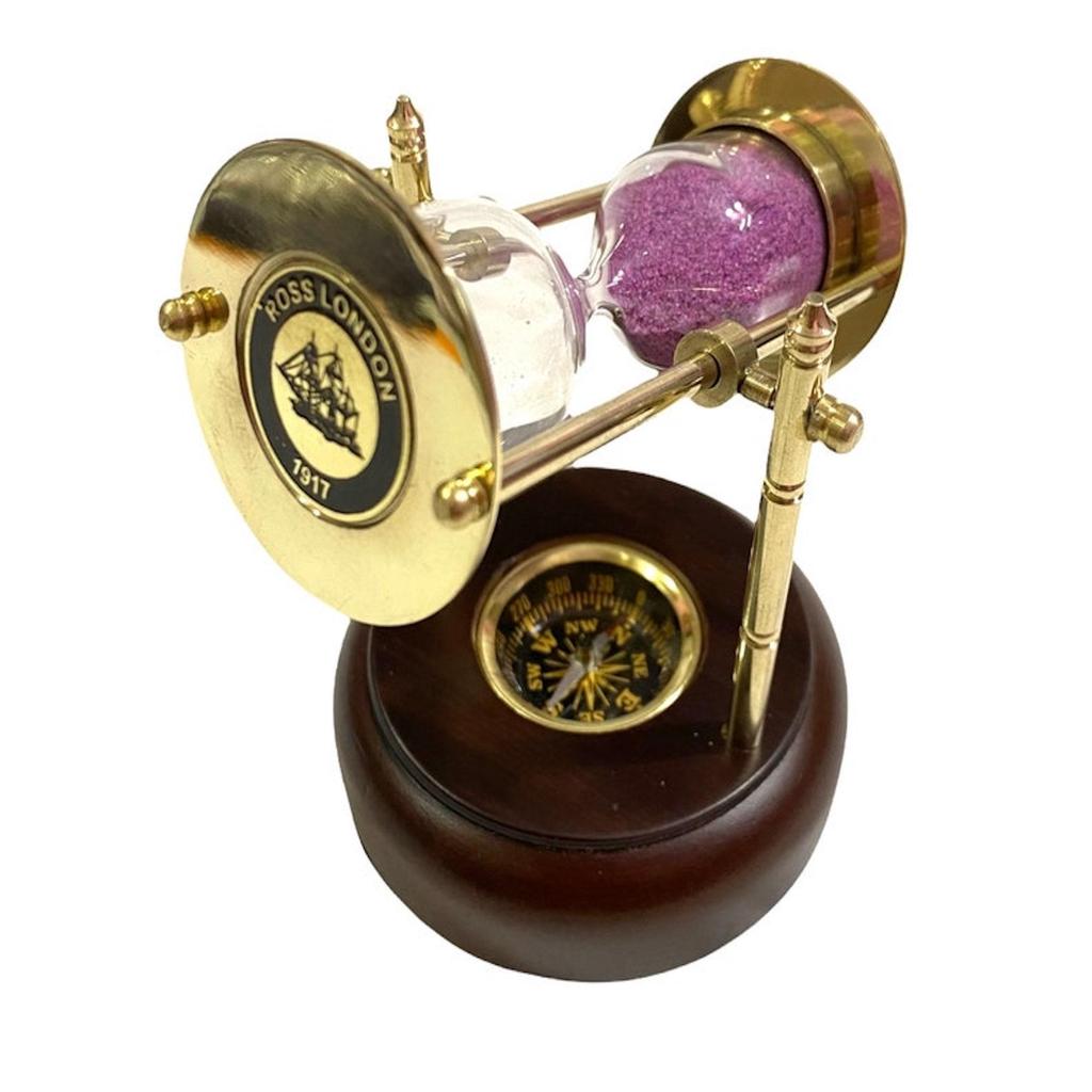 Brass Sand Timer On Wooden Base with Compass/Nautical Maritime Hourglass/Pink Sand Clock/Home & Office Décor