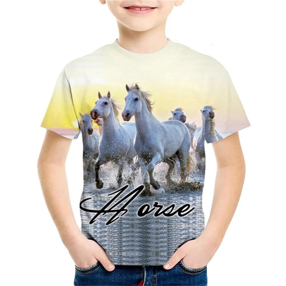 Summer Round Neck 3D Horse Pattern Printed Top Fashionable Casual Short Sleeved Children's Boy T-shirts