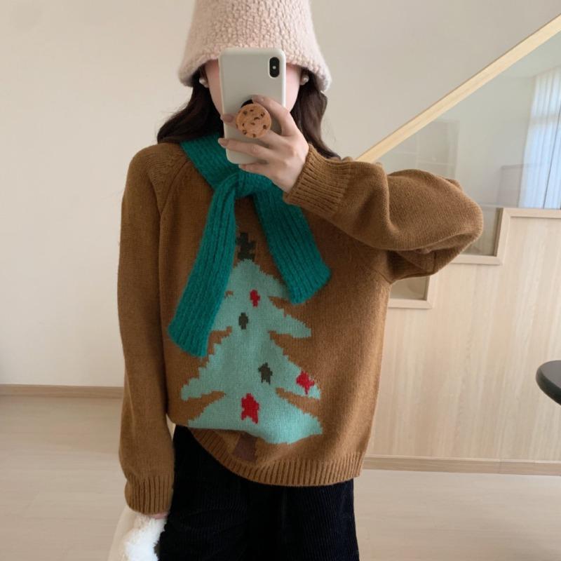 Crew Neck Red Christmas Tree Pullover Sweater Women's Autumn and Winter New Loose and Versatile Thickened Knitted Sweater Top