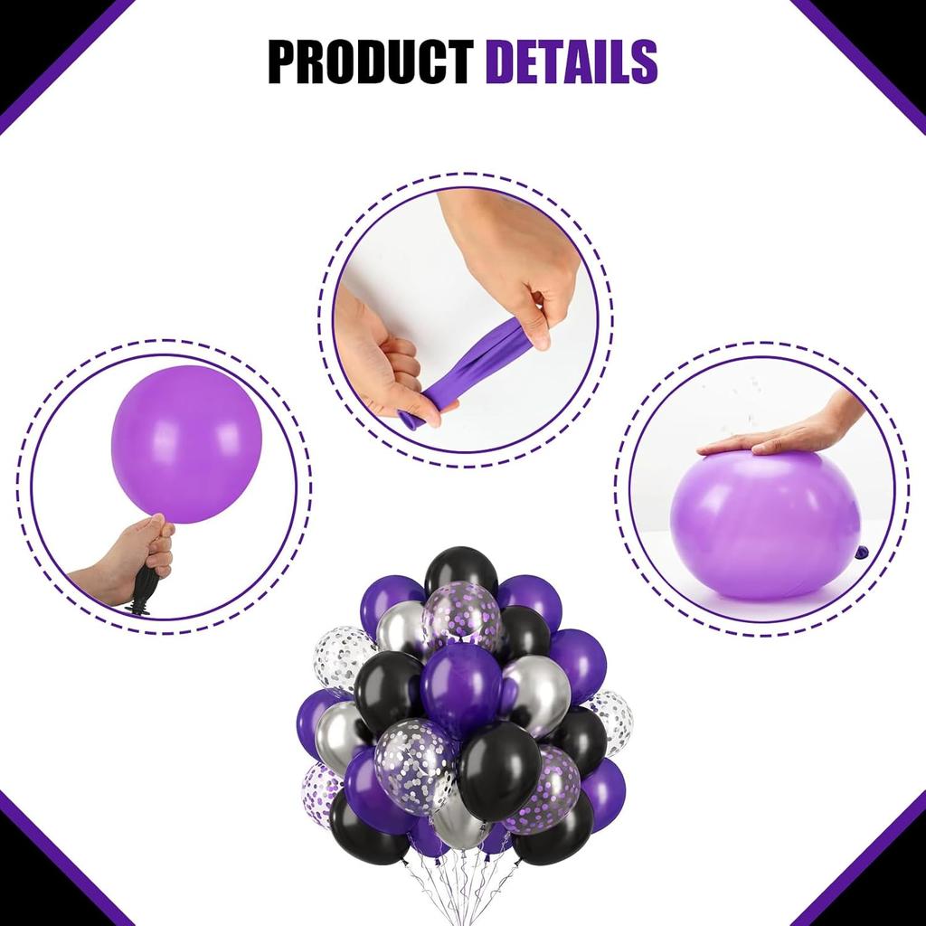 70pcs 10 Inch  Dark Purple Black Metal Silver Latex Balloons with Purple Confetti for Weddings Birthday Graduation Party Decara