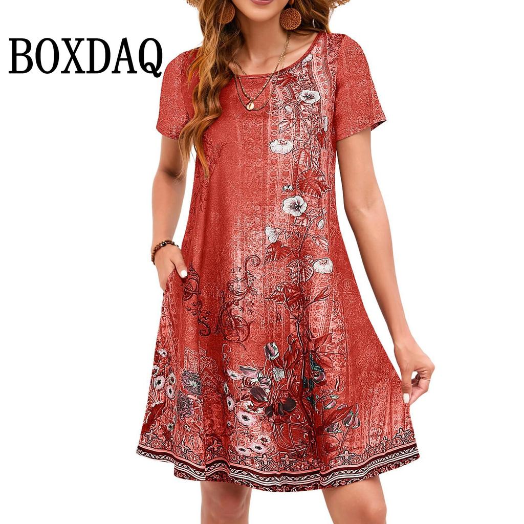 Summer O-Neck Short Sleeve Casual Loose Mini Dress