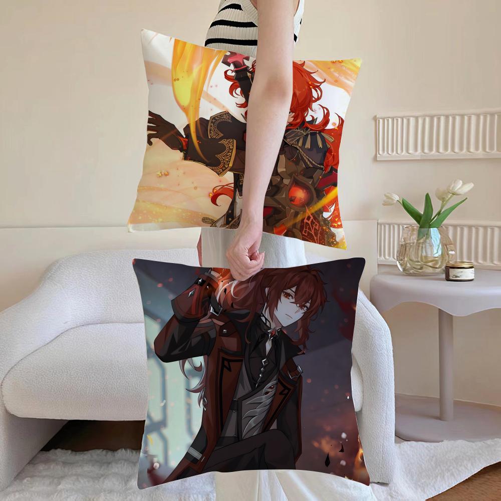 Game Genshin Diluc Cushion Cover Washable Linen Pillowcase Soft For Sofa Bed Cozy Home Room Decor