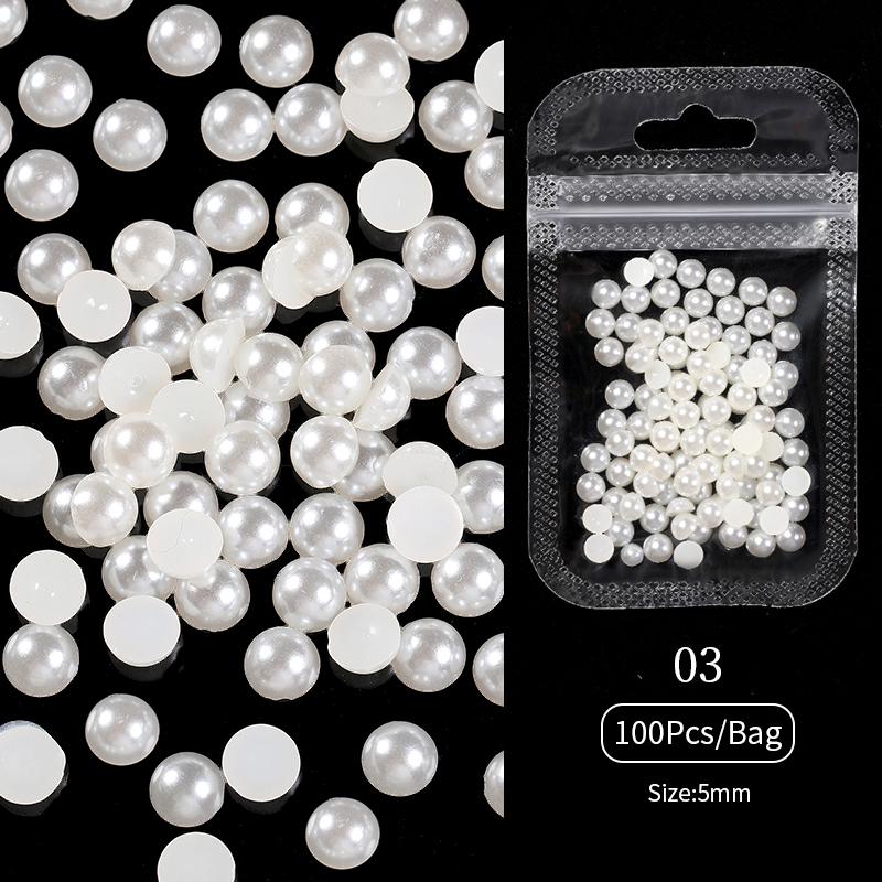 White Pearls Nail Beads DIY Manicure 3D Nail Art Decoration Rhinestone Half Round Mixed Size Beige Flatback Nail Material Supply
