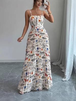 Elegancka Długa Sukienka z Kwiatowym Wzorem i Cienkimi Ramiączkami - Letnia Moda Damska 2026