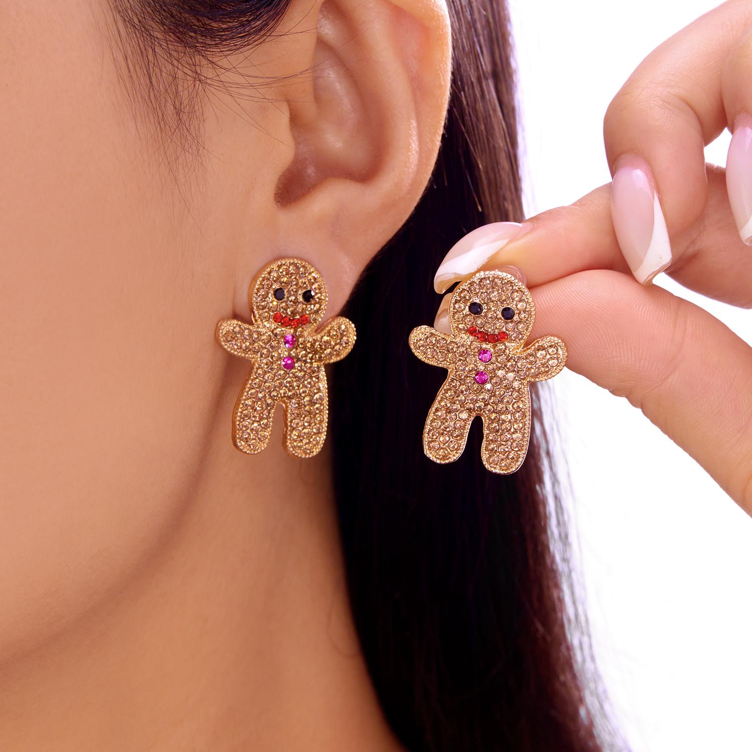 

Cute Chic Xmas Gingerbread Man Zircon Stud Earrings For Women Sparkling Rhinestone Imitation Pearl Earring Christmas Party Gifts