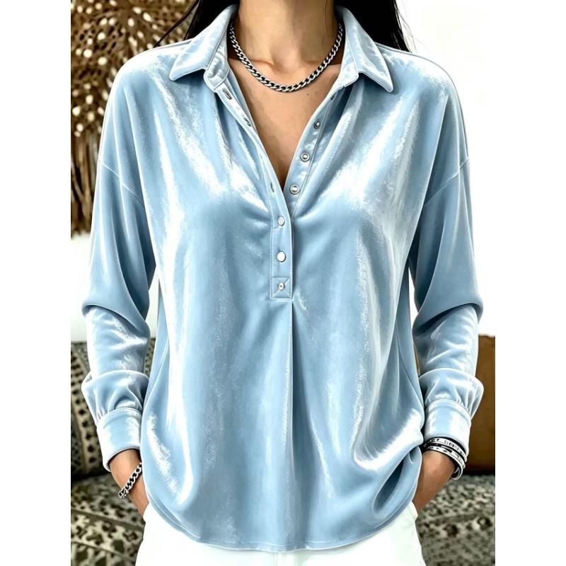 Women S Casual Velvet Solid Lapel Half Button Shirt