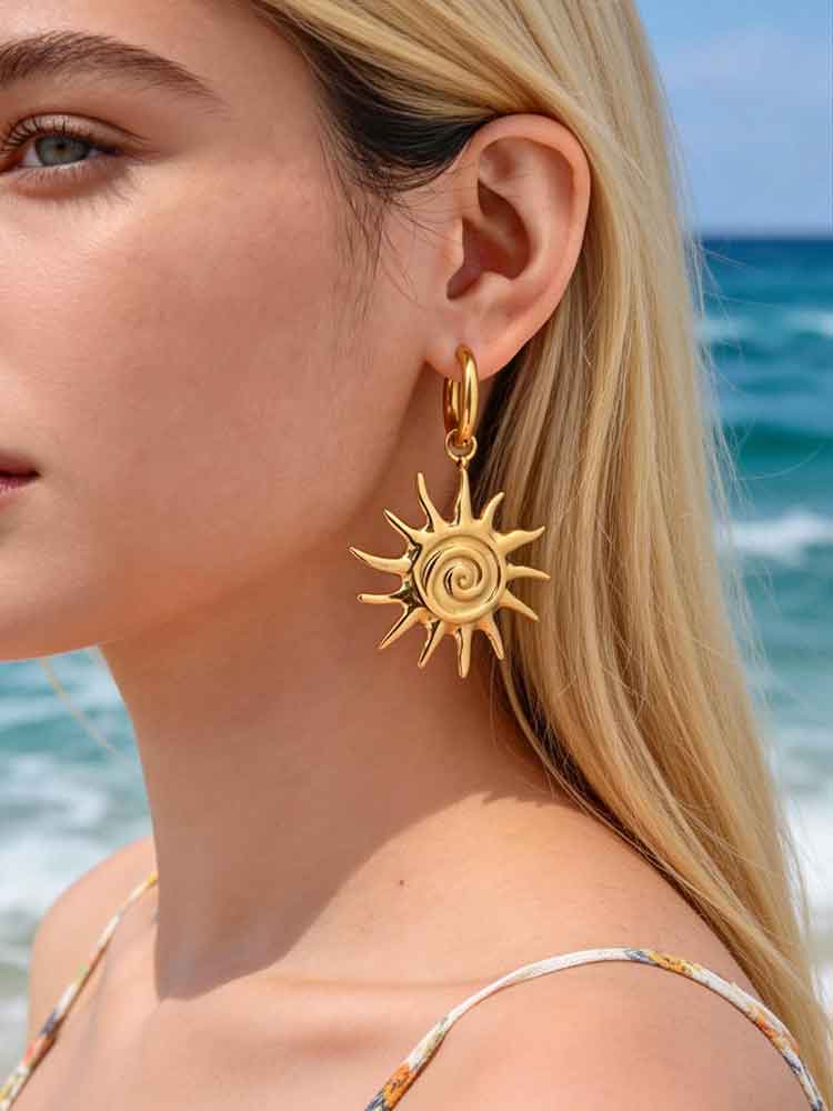 Stainless Steel Metal Spiral Sun Pendant Earrings for Women Vintage Gold Plated Geometric Sunflower Drop Earring Fashion Jewelry
