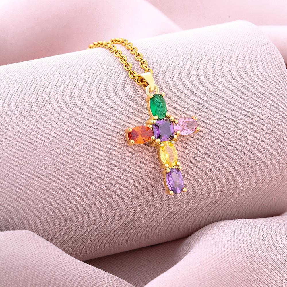 Fashion mixed color zircon cross pendant necklace WOMEN'S simple trendy unique ornament