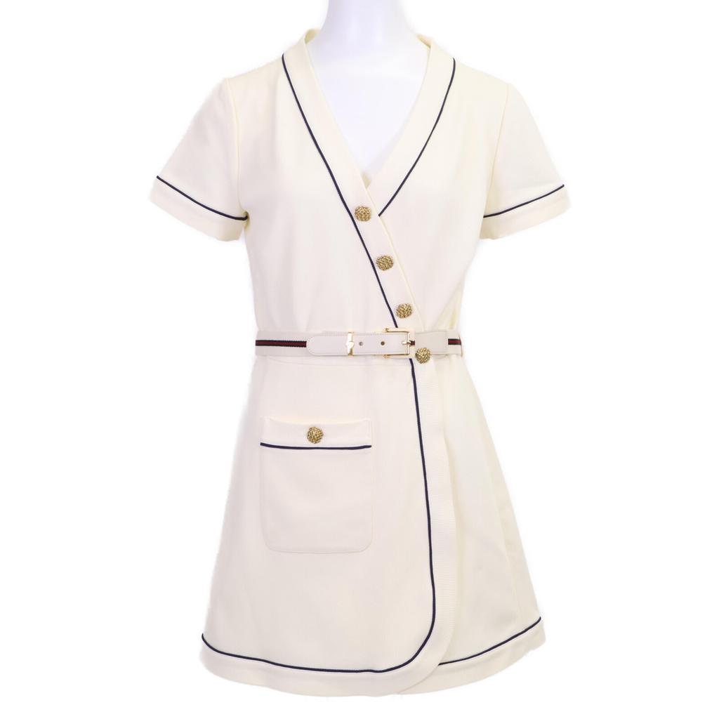 GUCCI 653408/670292 White Blue Trim Jersey Dress with Gold Button Wrap Dress dress S whiteUsed