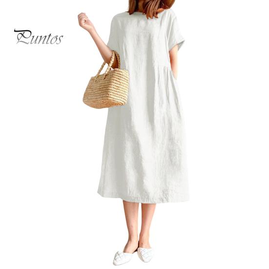 Summer Women Dress O Neck Short Sleeves A-line Solid Color Big Hem Loose Pullover Casual Daily Wear Midi Dress Dating Commuting Long Dress
