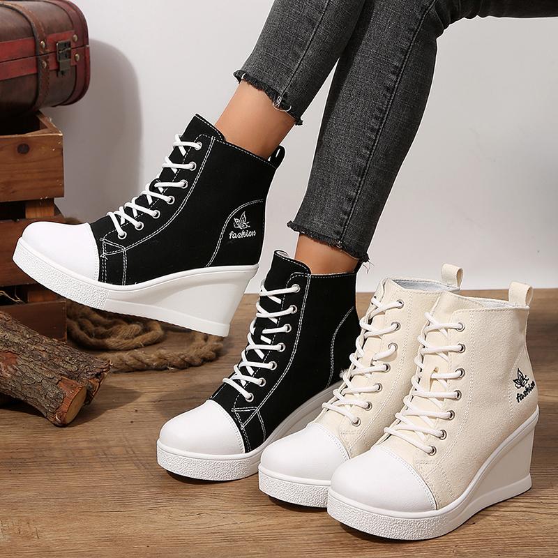 Fashion High Top Wedges Women Sneakers 2025 Autumn New Black Platform Sports Shoes Woman Lightweight Lace Up Casual Canvas Shoes