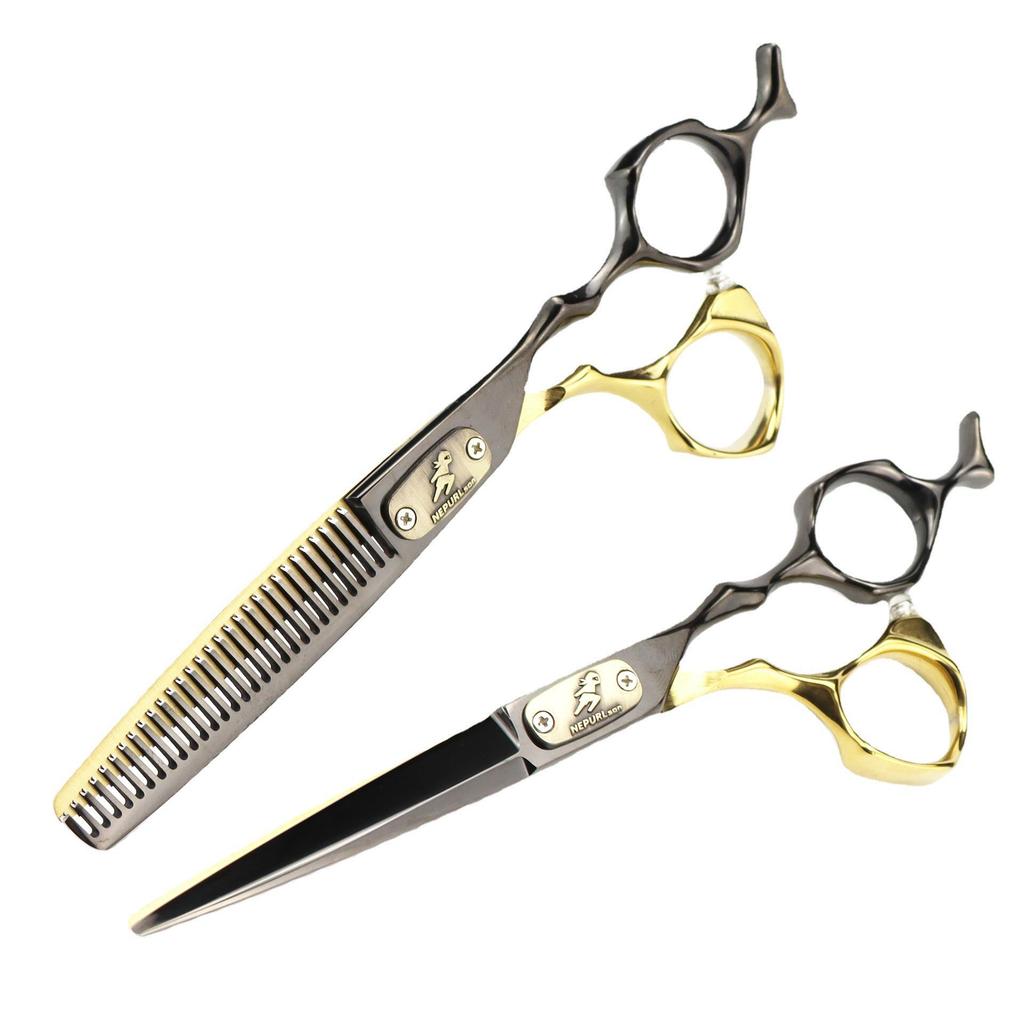 FCG-25 Black Gold Hairdressing Scissors Set: Straight, Serrated & Thinning - Professional Salon Quality
