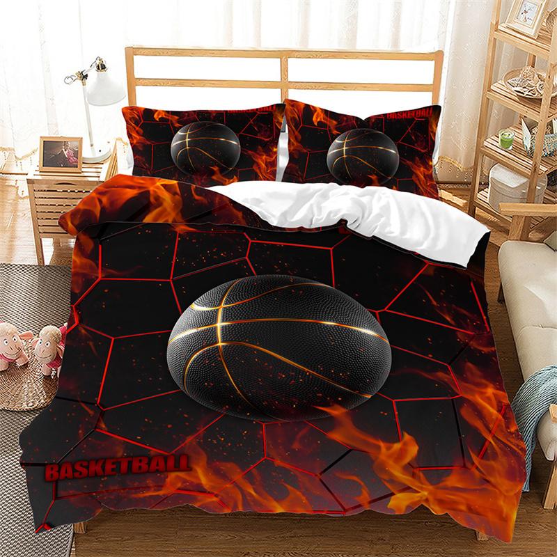 Boys Basketball Duvet Cover 3D Ball Pattern Sports Theme Bedding Set Queen Microfiber Football Competitive Game Comforter Cover